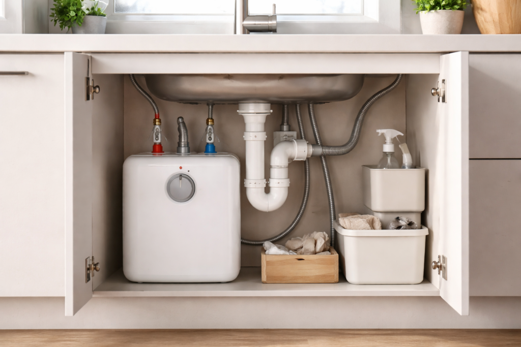 Compact under-sink water heater installed inside a kitchen cabinet with plumbing connections visible.