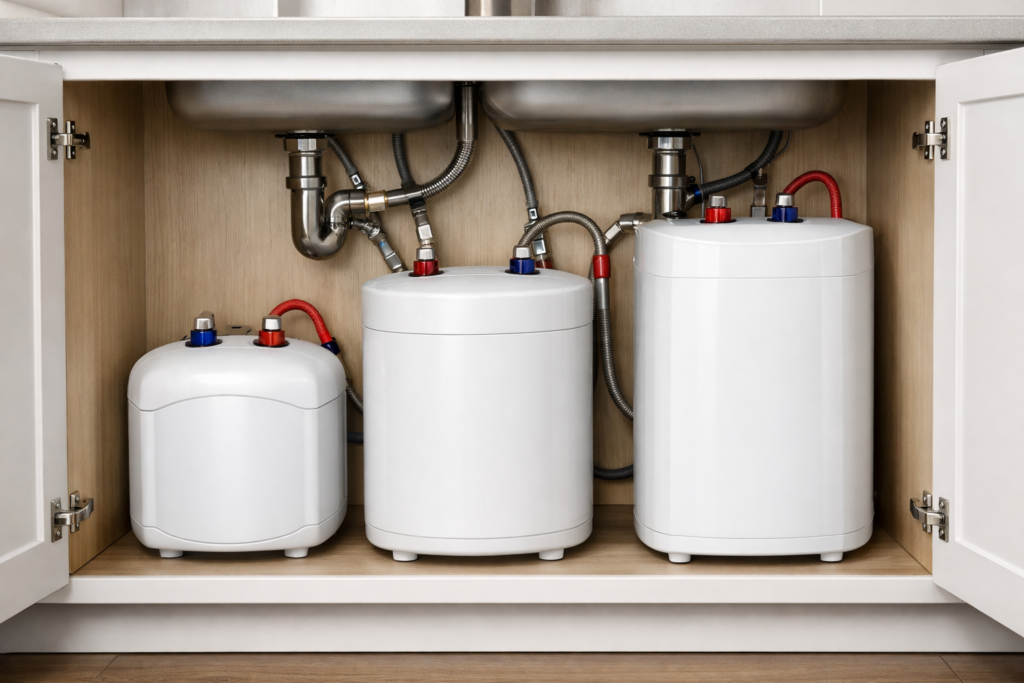 Three different sized under-sink water heaters installed inside kitchen cabinets for size comparison.
