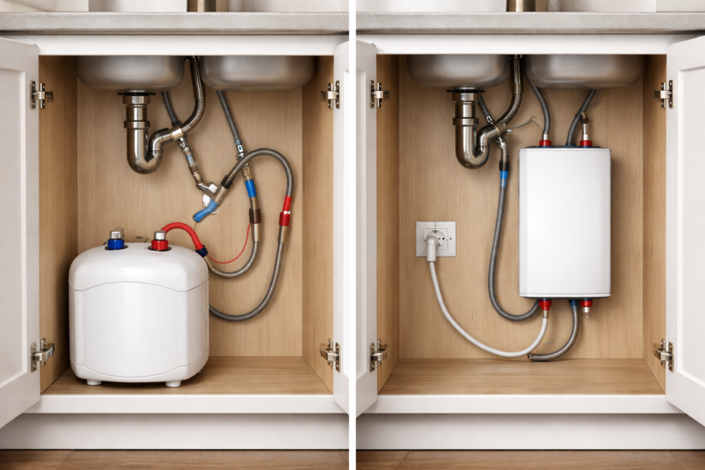Alt text: Mini-tank and tankless under-sink water heaters installed inside kitchen cabinets for comparison.