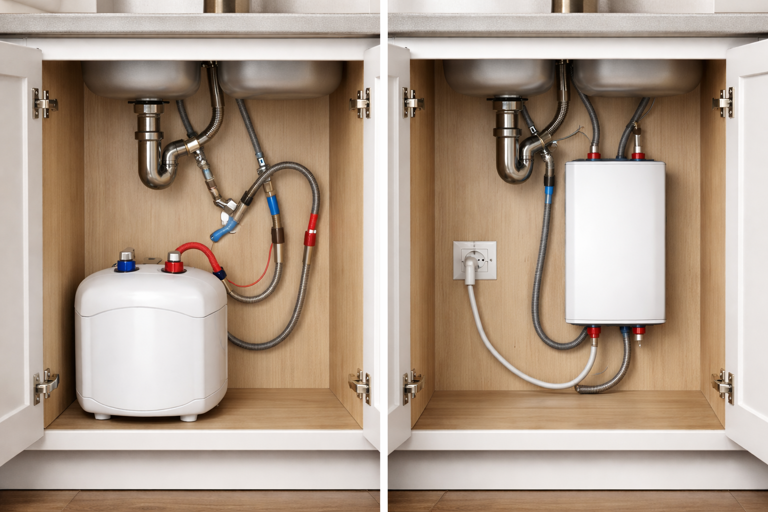Alt text: Mini-tank and tankless under-sink water heaters installed inside kitchen cabinets for comparison.