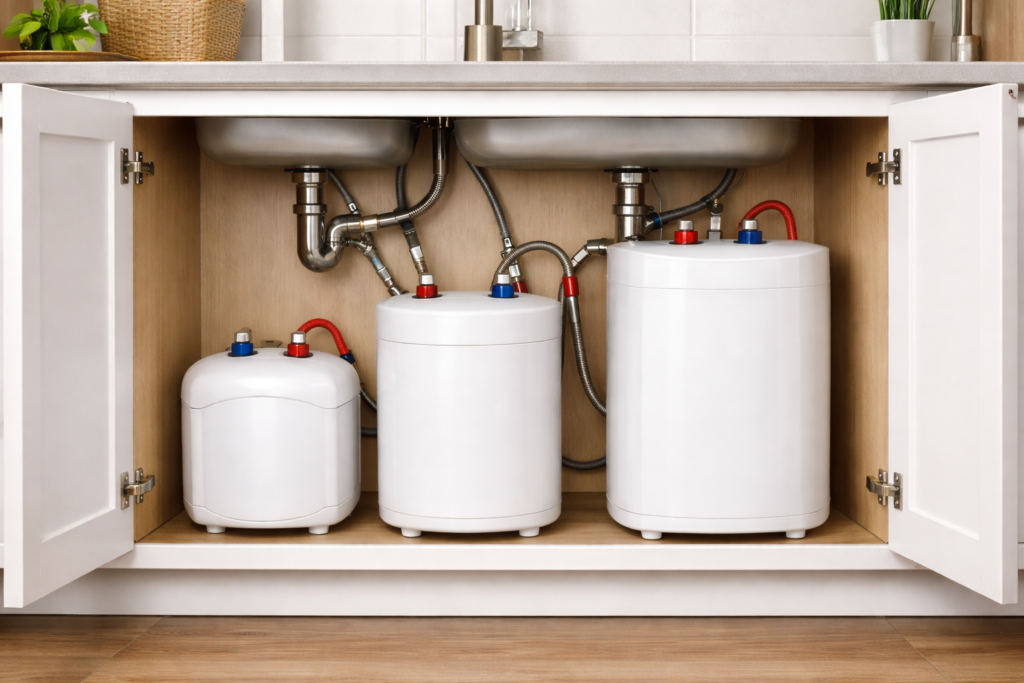 Three different sized under-sink water heaters installed inside kitchen cabinets for size comparison.