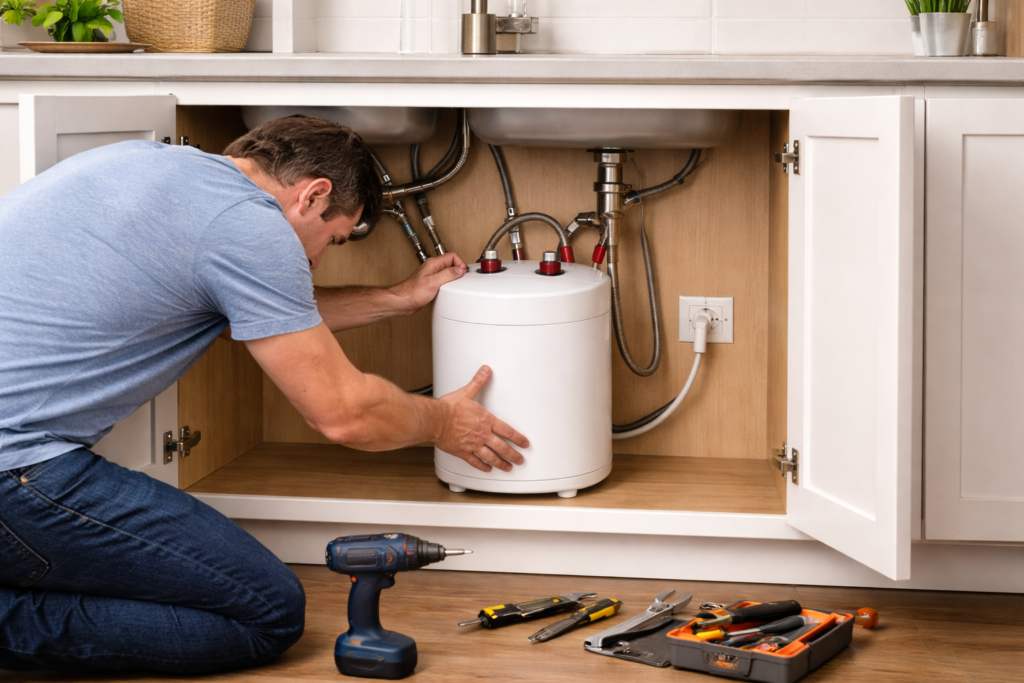 Homeowner installing an under-sink water heater inside a kitchen cabinet with visible plumbing and electrical connections.