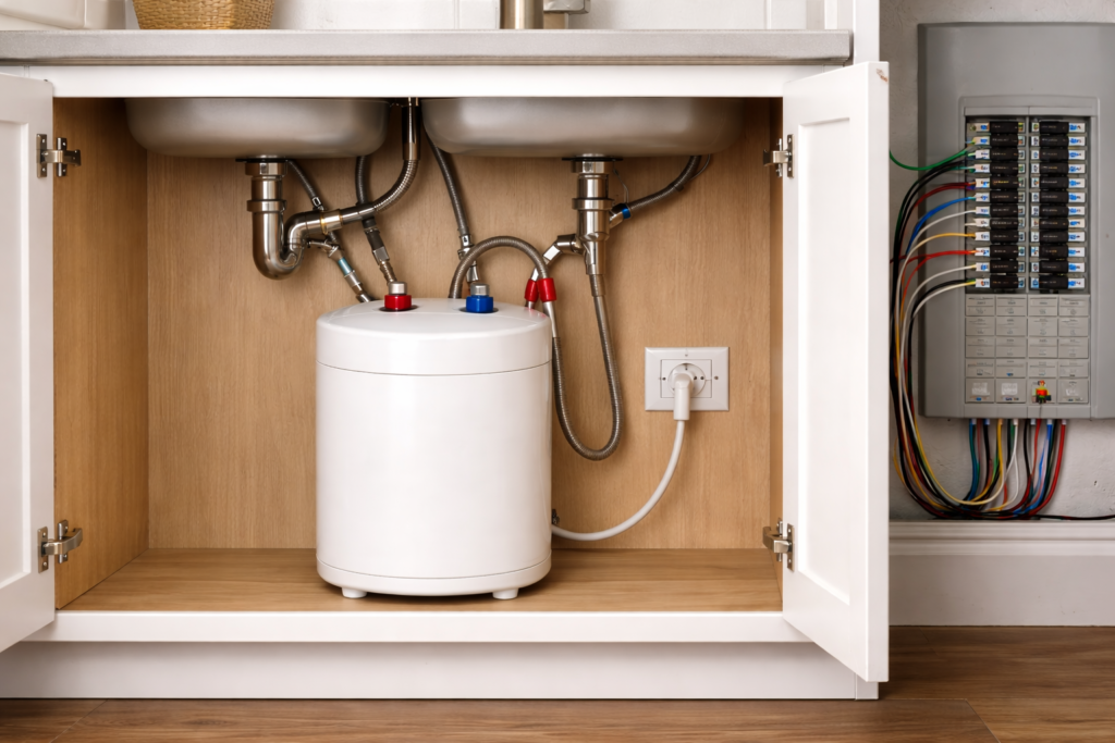 Under-sink water heater installed in a kitchen cabinet with visible electrical outlet and wiring.