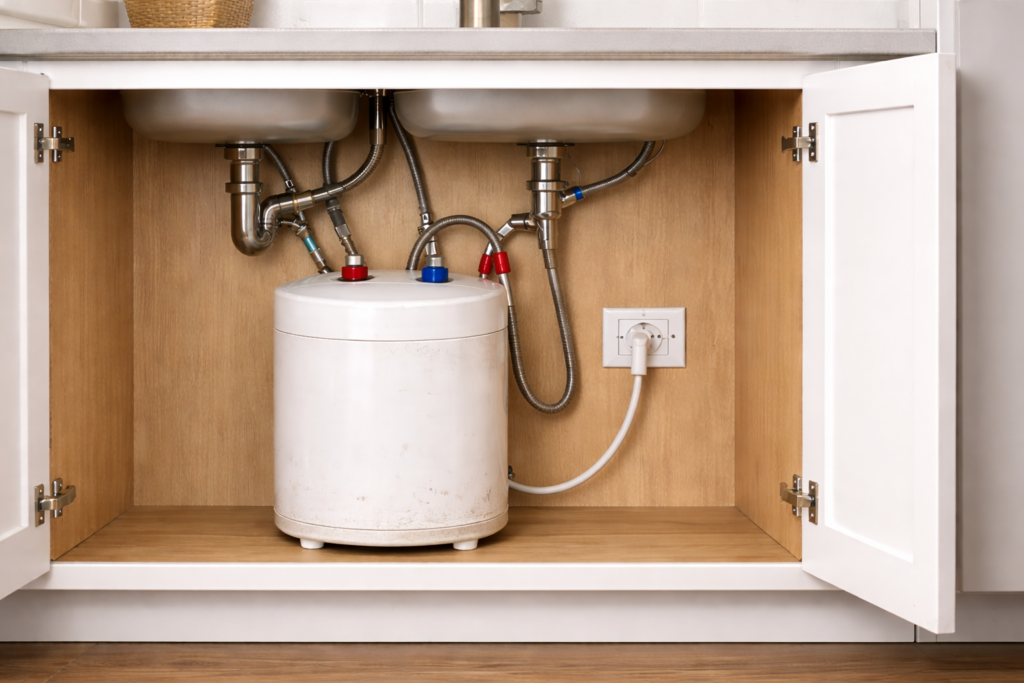 Older under-sink water heater installed inside a kitchen cabinet showing normal wear over time.
