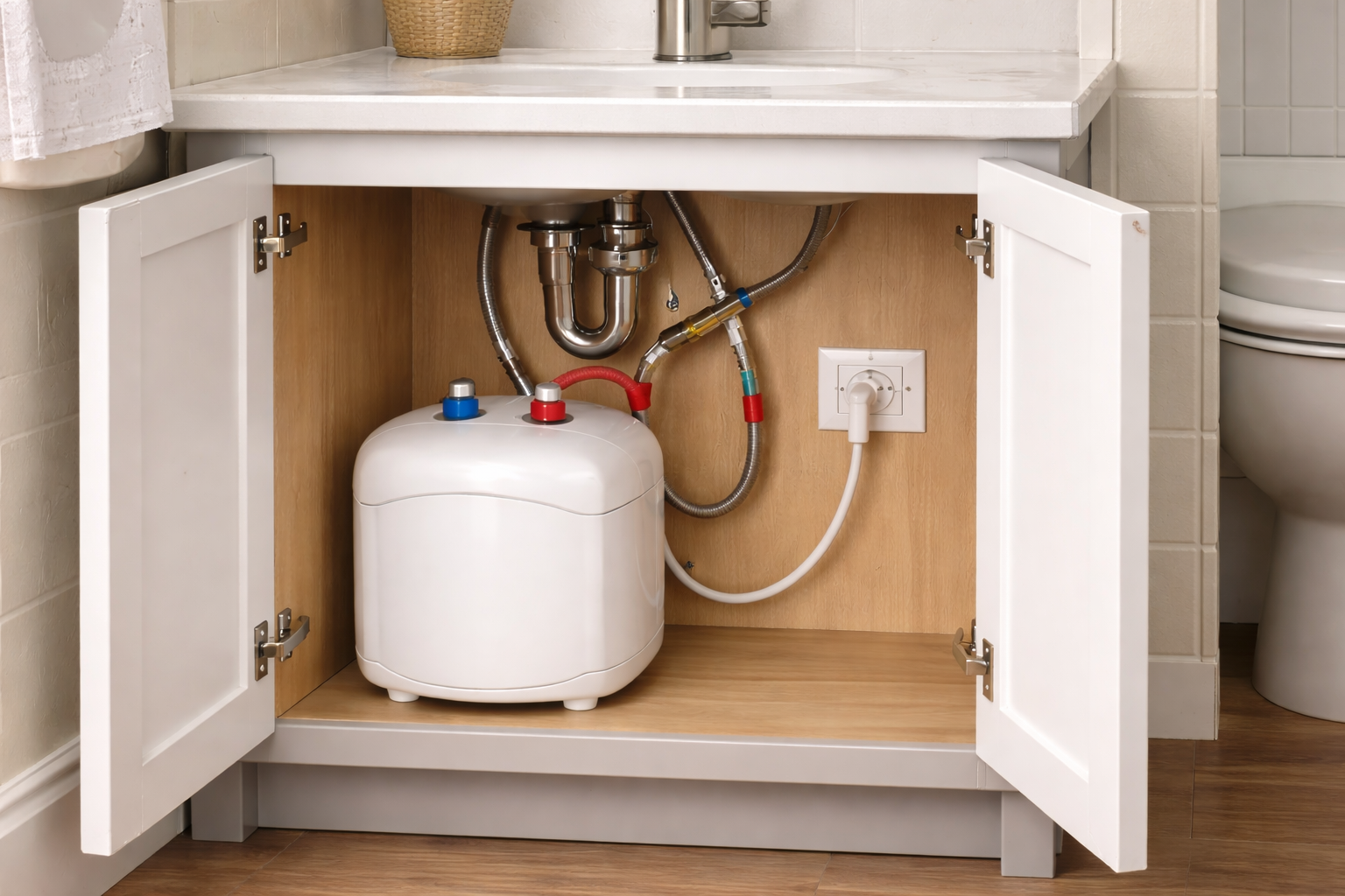 Compact 2.5-gallon under-sink water heater installed inside a bathroom vanity cabinet.