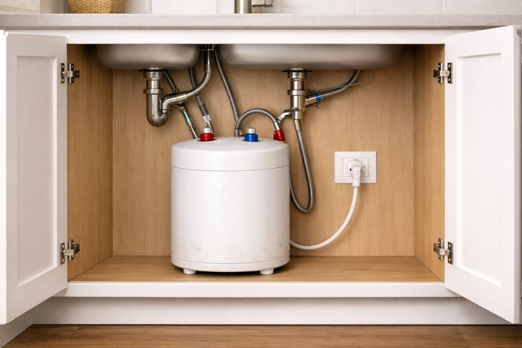 4-gallon under-sink water heater installed inside a kitchen cabinet with visible plumbing connections.
