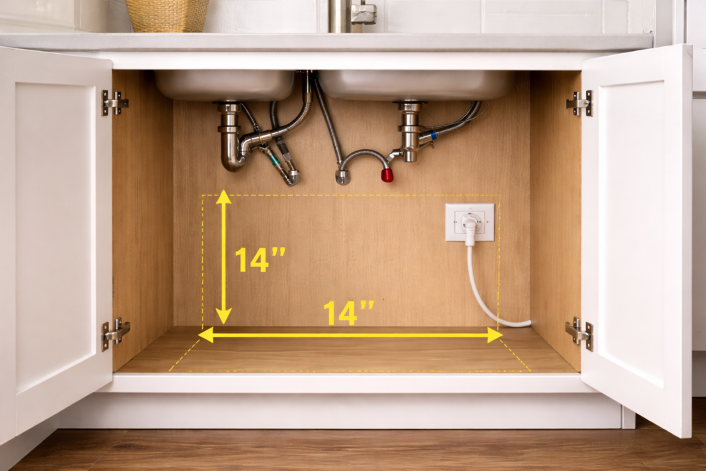 Open kitchen sink cabinet with visible plumbing and clear space prepared for under-sink water heater installation.