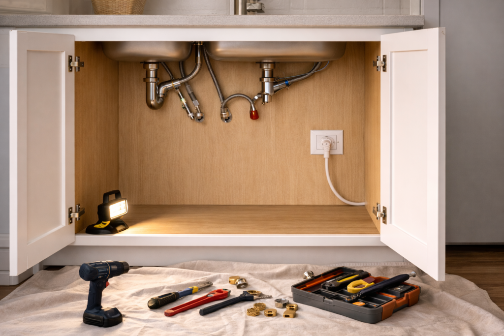 Open kitchen cabinet with plumbing tools and connections prepared for under-sink water heater installation.