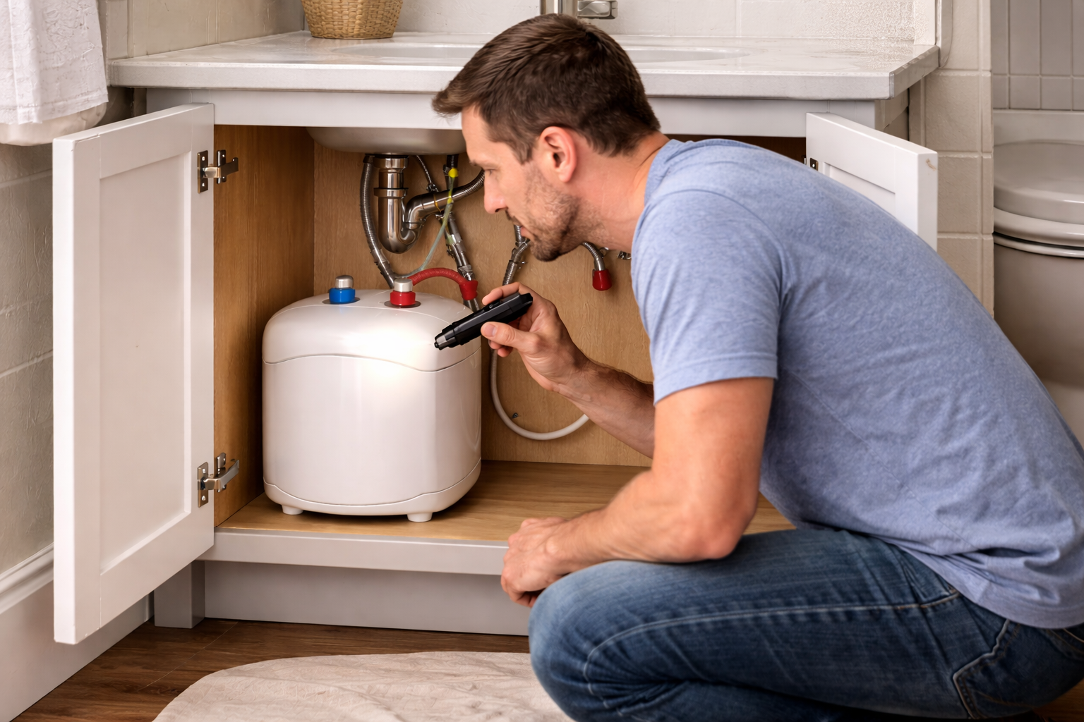 Homeowner inspecting an under-sink water heater inside a bathroom vanity cabinet.