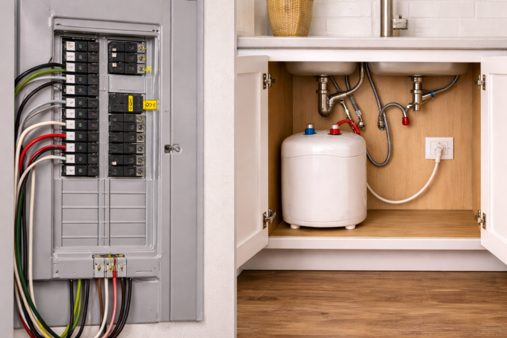 Electrical panel with dedicated breaker for an under-sink water heater in a residential home.