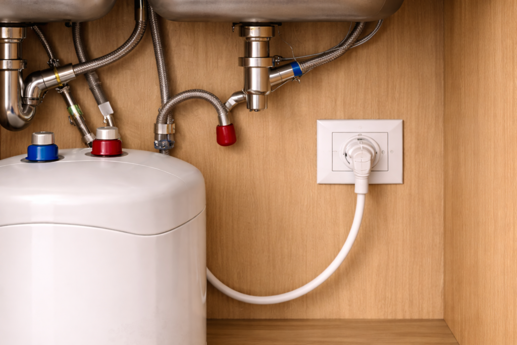 Mini-tank under-sink water heater plugged into a standard grounded outlet inside a kitchen cabinet.