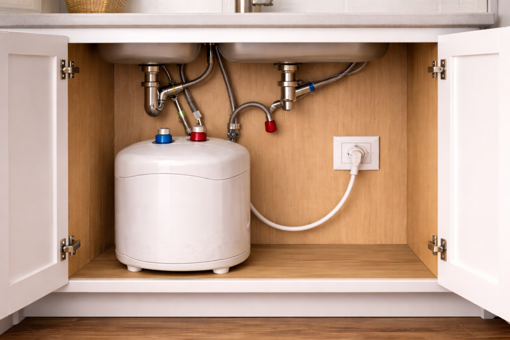 Under-sink water heater connected to braided water supply lines and shutoff valves inside a kitchen cabinet.