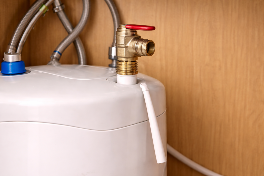 Temperature and pressure relief valve installed on a mini-tank under-sink water heater with discharge tube.