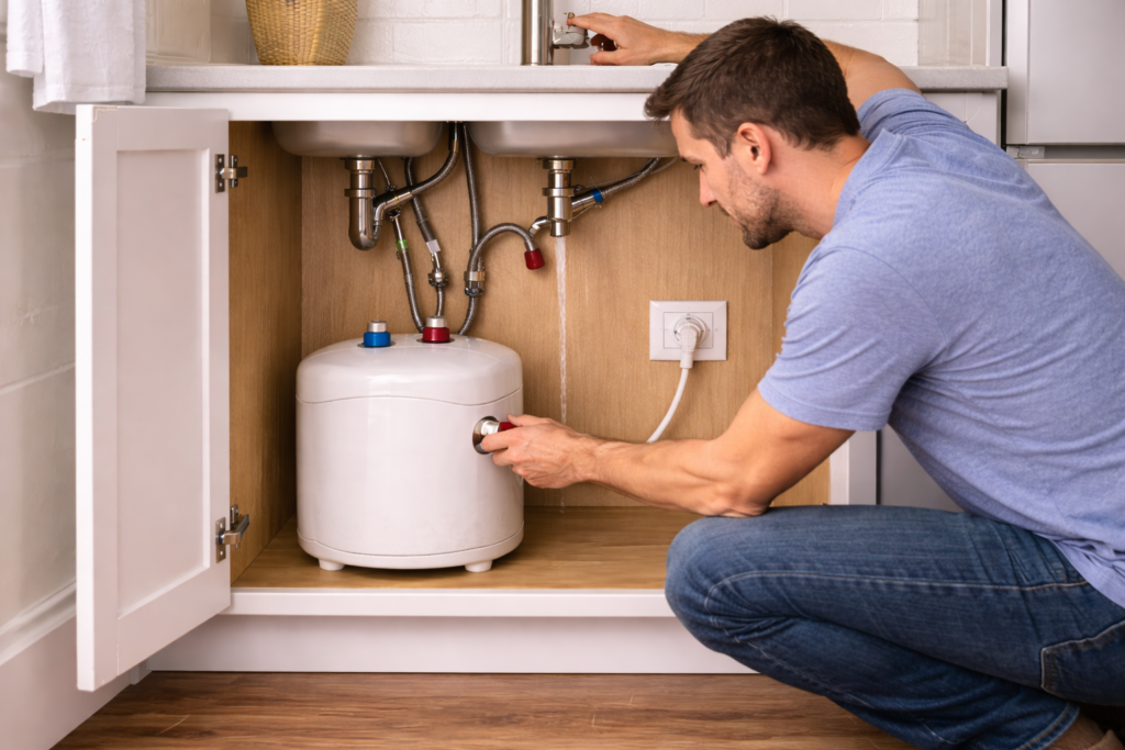 Homeowner checking thermostat dial on under-sink water heater after noticing no hot water.