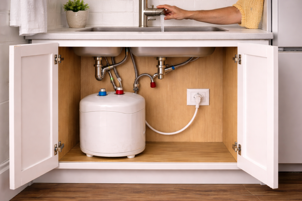 Kitchen sink running lukewarm water with under-sink mini-tank heater visible inside cabinet.