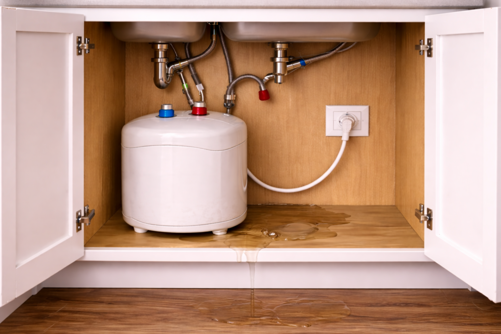 Small water leak visible under an under-sink water heater inside a kitchen cabinet.