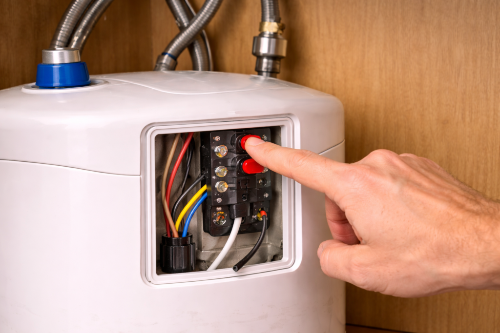 Homeowner pressing reset button inside under-sink water heater access panel.