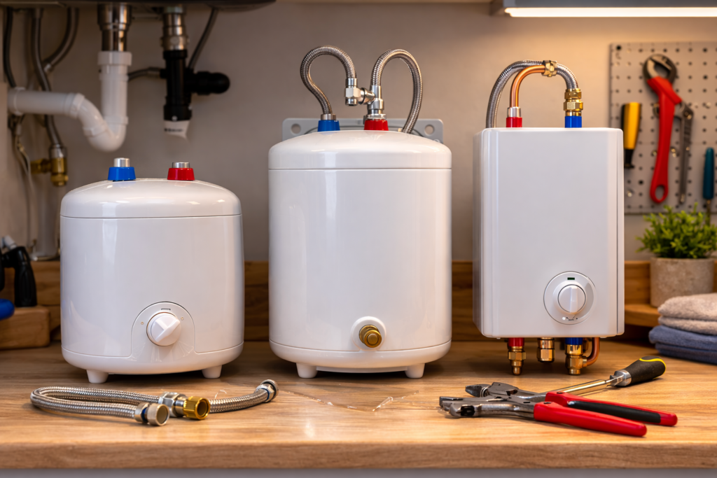 Comparison of mini-tank and tankless under-sink water heaters displayed side-by-side.