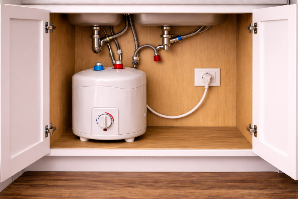Mini-tank under-sink water heater mounted inside a kitchen cabinet with visible plumbing connections.