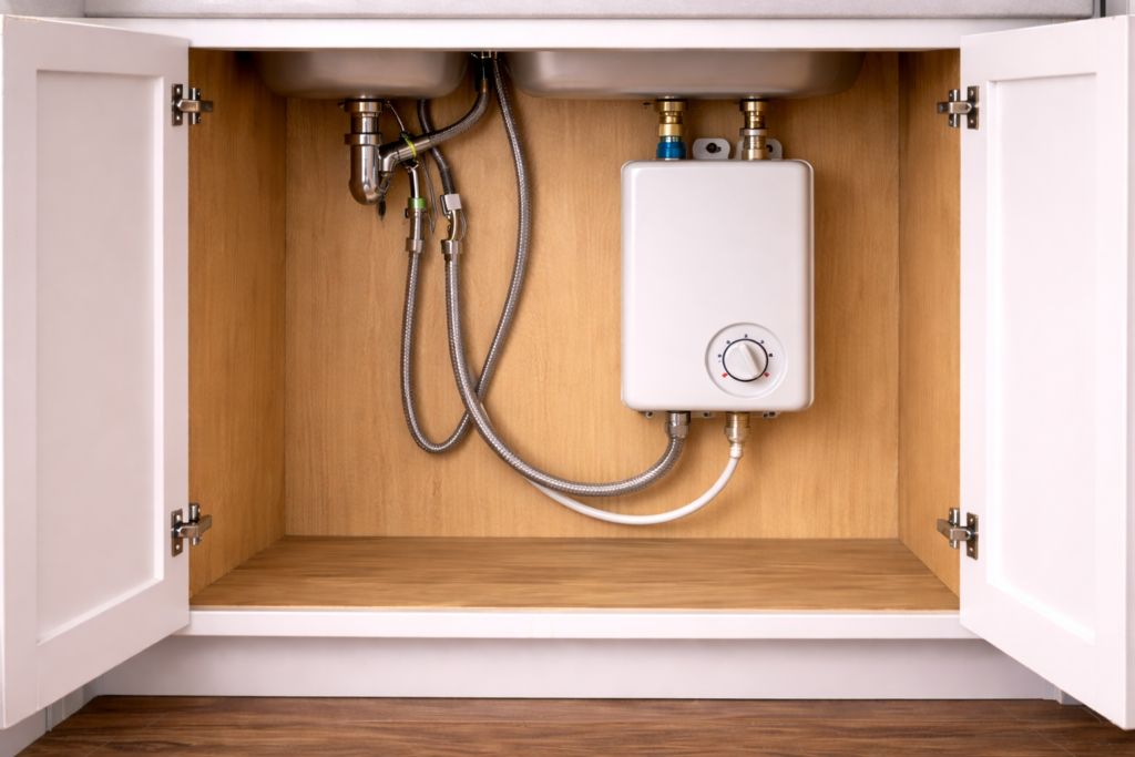 Compact tankless under-sink water heater mounted inside a kitchen cabinet with visible plumbing connections.