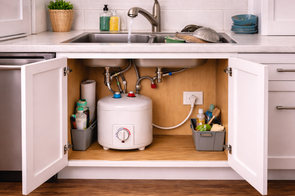 Kitchen sink with dishes and 4-gallon under-sink water heater installed inside cabinet below.