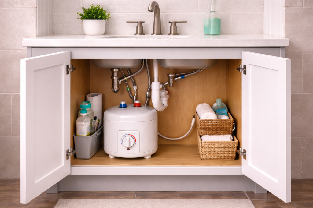 Compact 2.5-gallon under-sink water heater installed inside a bathroom vanity cabinet.