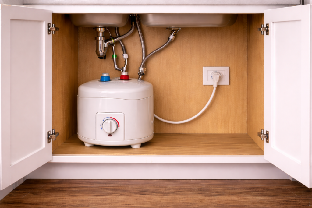 Budget mini-tank under-sink water heater installed inside a simple kitchen cabinet.