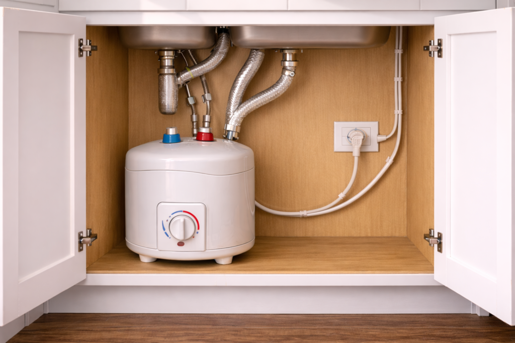 Energy-efficient under-sink water heater installed inside a modern kitchen cabinet with insulated pipes.