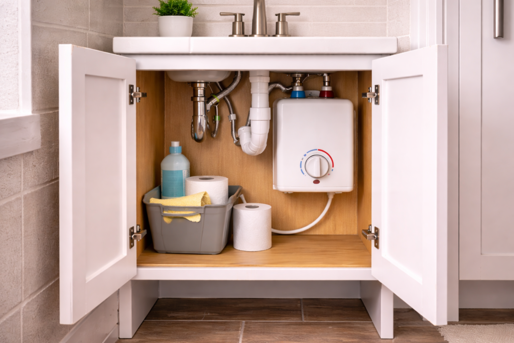 Compact 2.5-gallon under-sink water heater wall-mounted inside a small bathroom vanity cabinet.