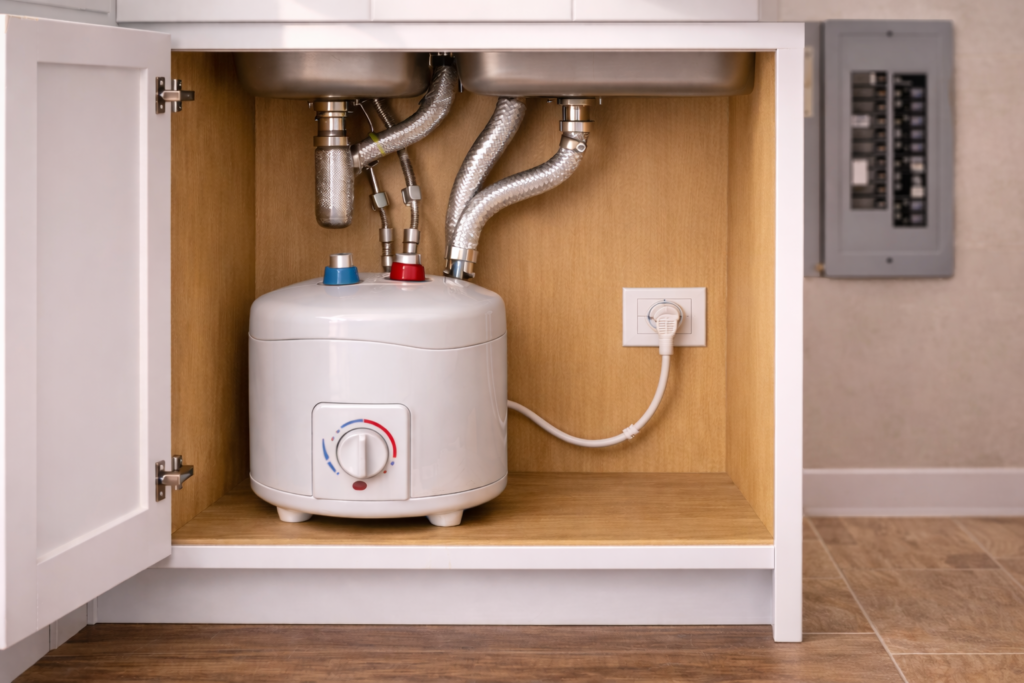 Compact 120V mini-tank under-sink water heater plugged into a standard outlet in a kitchen cabinet.