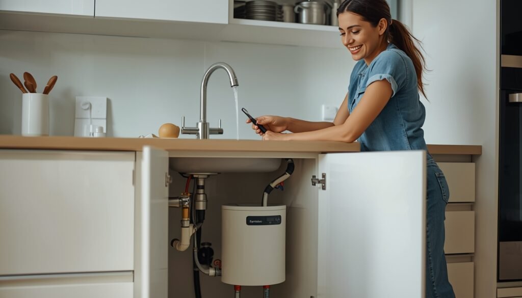 under sink water heater providing instant hot water at kitchen tap with unit installed below sink
