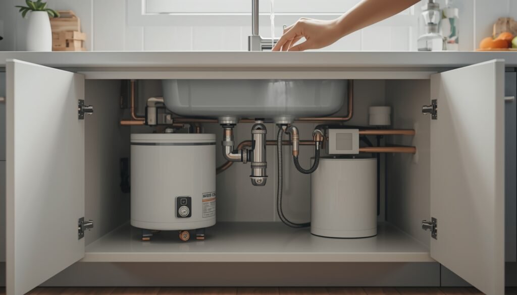 waiting for hot water at kitchen sink showing under sink water heater and plumbing setup