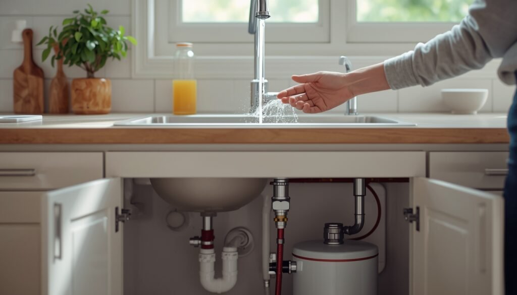 kitchen tap running from hot to cold with under sink water heater visible in cabinet below