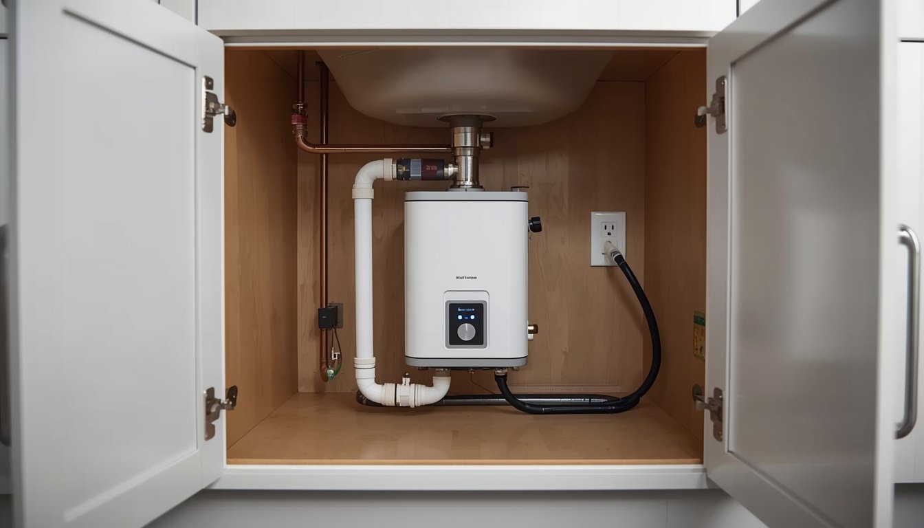 under sink water heater installed inside kitchen cabinet with plumbing and electrical connections